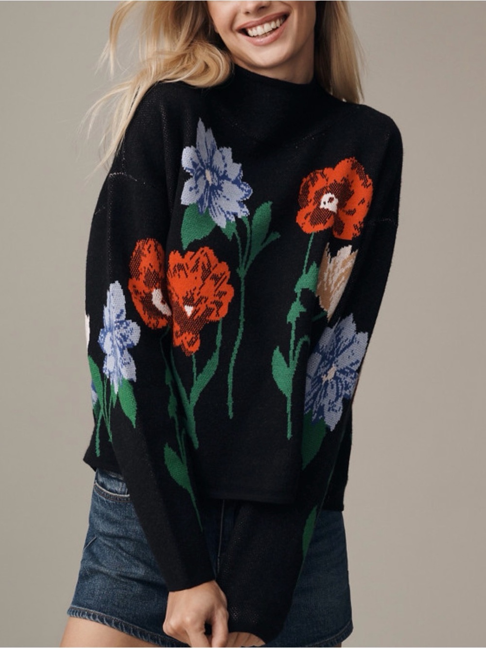 Anthropologie Maeve Carys Mock Neck Sweater Intarsia Knit M Floral Black Relaxed